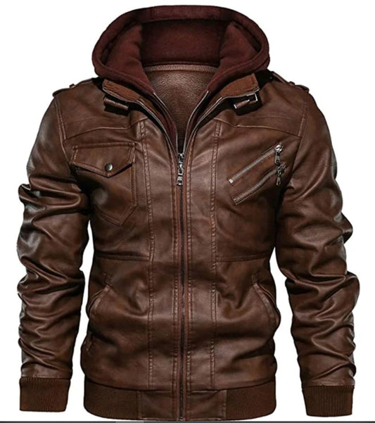 Brown Bomber Hoodie Men Leather Jacket For Men Genuine Leather