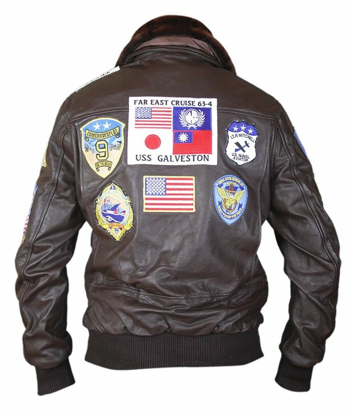 Top Gun Bomber Leather Jacket For Men Brown